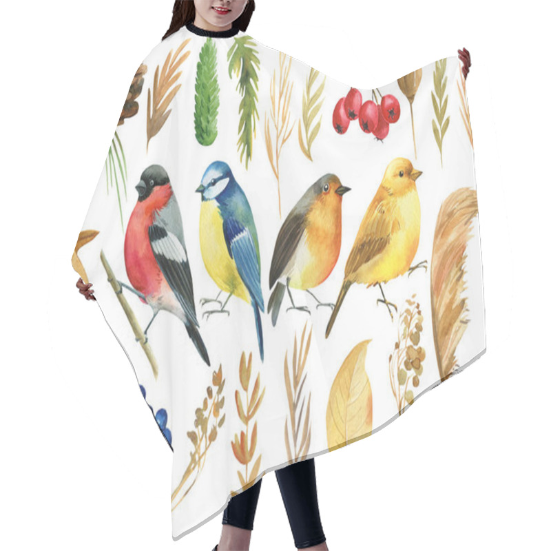 Personality  Set With Birds Bullfinches, Titmice, Canaries, Robin Birds. Autumn Leaves And Herbs. Isolated Background, Watercolor  Hair Cutting Cape