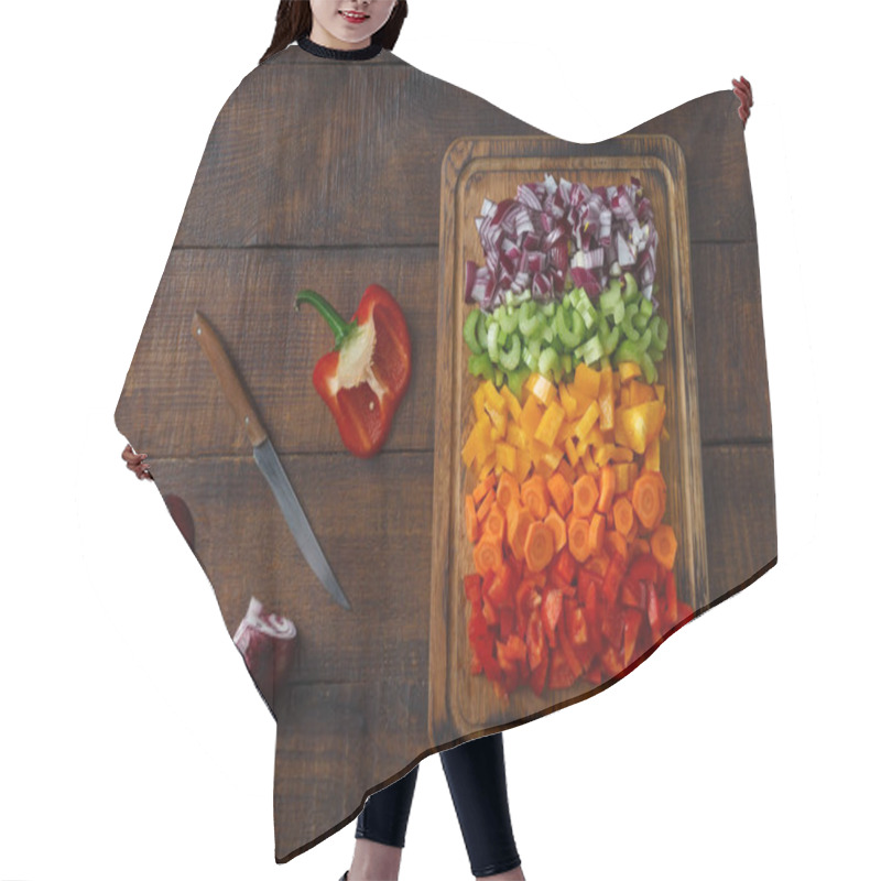 Personality  Top View Set Of Sliced Fresh Vegetables Serving On Cutting Board On Wooden Table Hair Cutting Cape