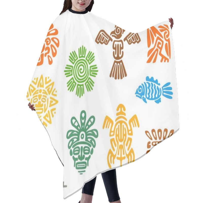 Personality  Mayan Aztec Totems, Mexican Tribal Vector Symbols Of Sacred Animals And Birds. Maya Or Mexico Inca Tribe Totem Signs Of Sun, Fish, Turtle Or Pyramid And Deity Mask, Ethnic Aztec Tribal Symbols Hair Cutting Cape