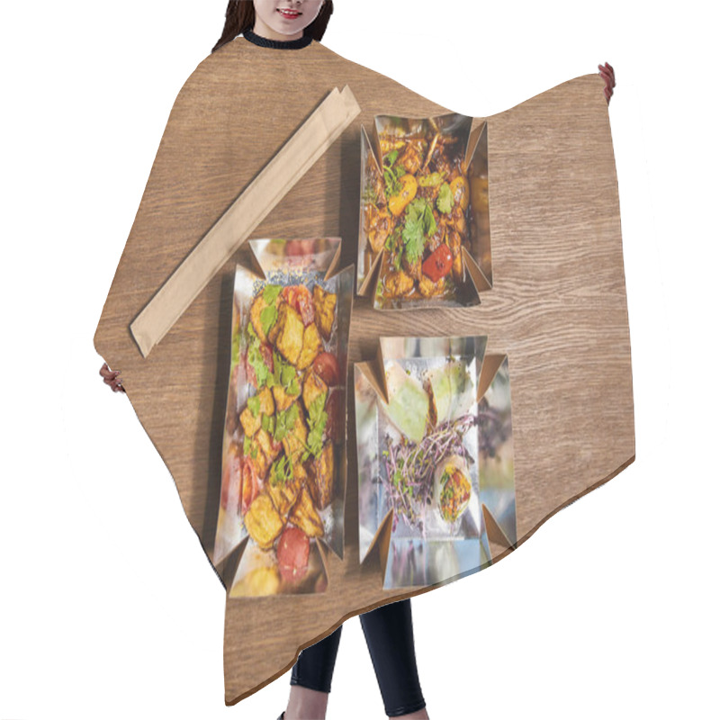 Personality  Top View Of Takeaway Boxes With Prepared Chinese Food On Wooden Surface  Hair Cutting Cape