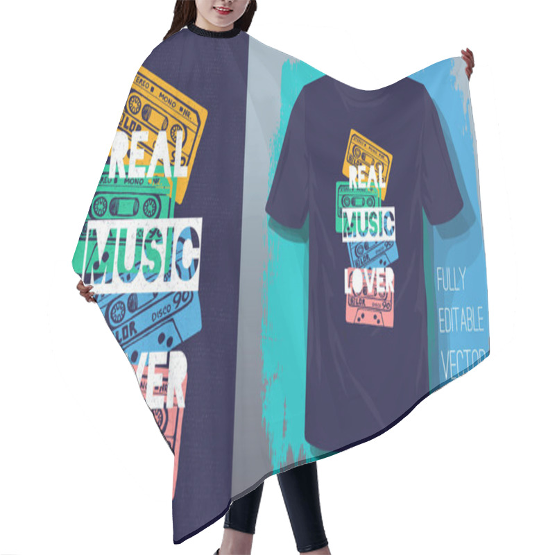 Personality  Real Music Lover Lettering Slogan Retro Sketch Style Tape Cassette For T Shirt Design Print Posters Kids Boys Girls. Hand Drawn Vector Illustration. Hair Cutting Cape