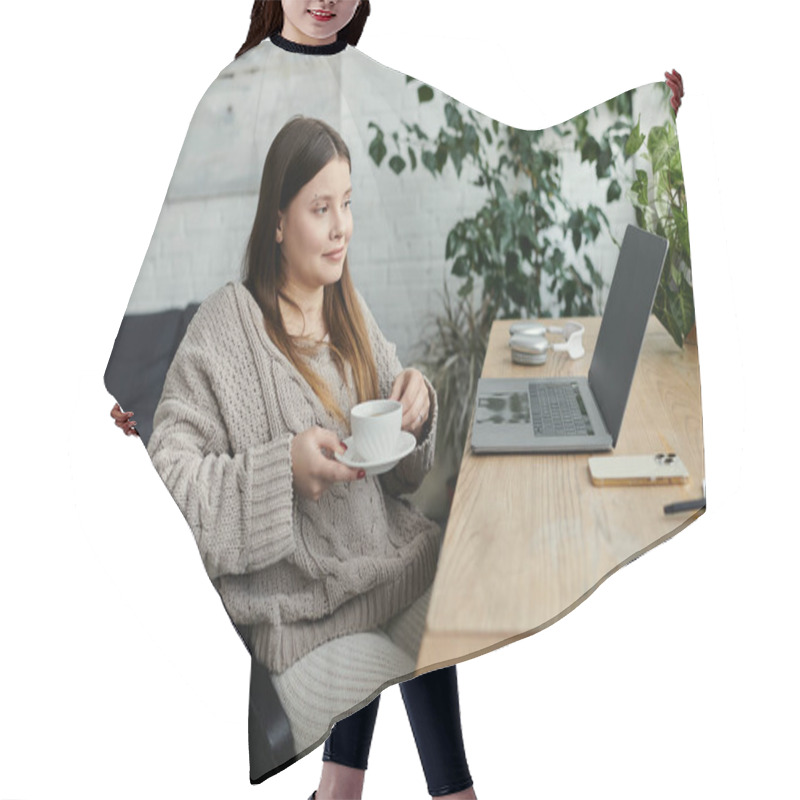 Personality  A Young Woman In A Wheelchair Enjoys A Cup Of Tea While Working On Her Laptop In A Cozy Home Setting. Hair Cutting Cape