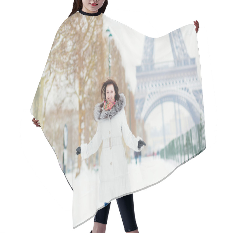 Personality  Girl Happily Jumping In Paris On A Winter Day Hair Cutting Cape