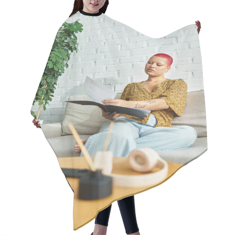 Personality  A Beautiful Bald Woman Relaxes On A Couch, Immersed In Reading While Surrounded By Greenery. Hair Cutting Cape