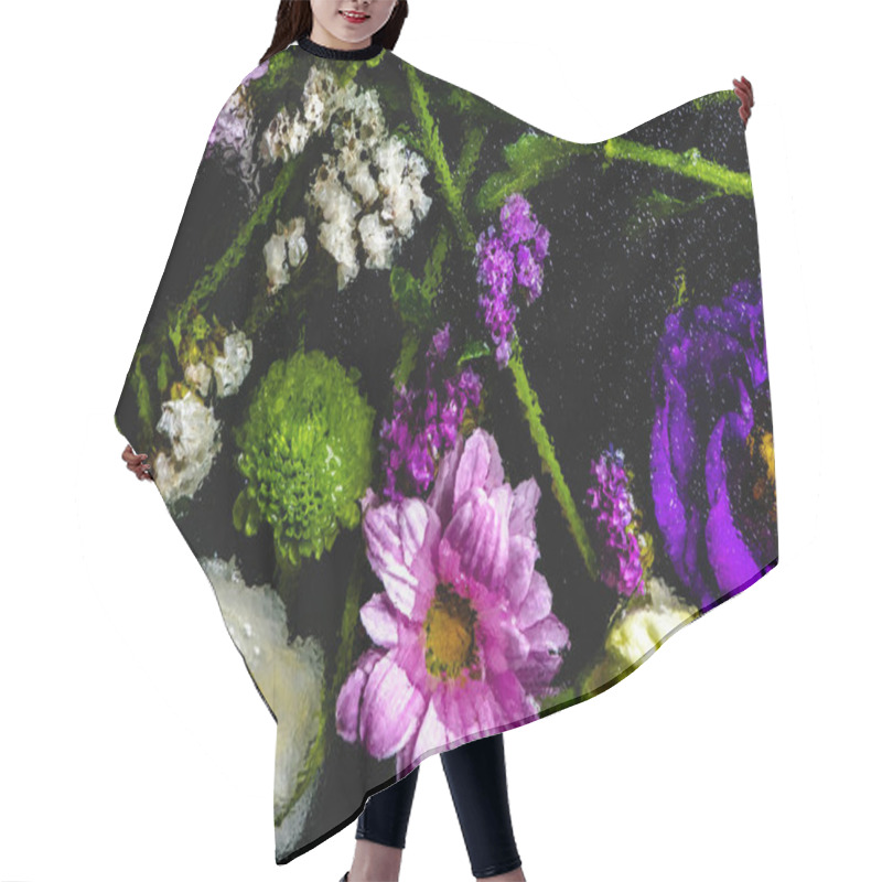 Personality  Top View Of Beautiful Various Wet Flowers On Black Background Hair Cutting Cape