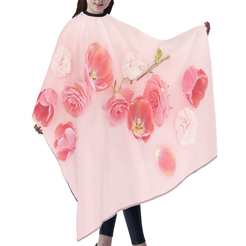 Personality  Top View Of Blooming Spring Flowers On Pink Background Hair Cutting Cape