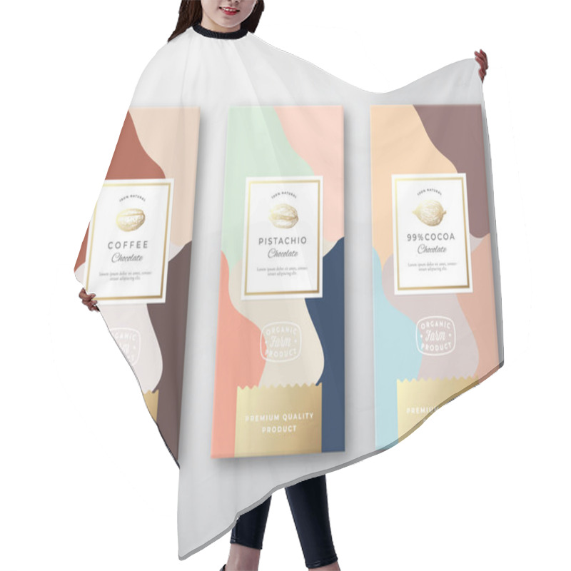 Personality  Coffee, Cocoa And Pistachio Chocolate Labels Set. Abstract Vector Packaging Design Layout With Soft Realistic Shadows. Modern Typography, Hand Drawn Beans And Nut Silhouettes And Colorful Background. Hair Cutting Cape