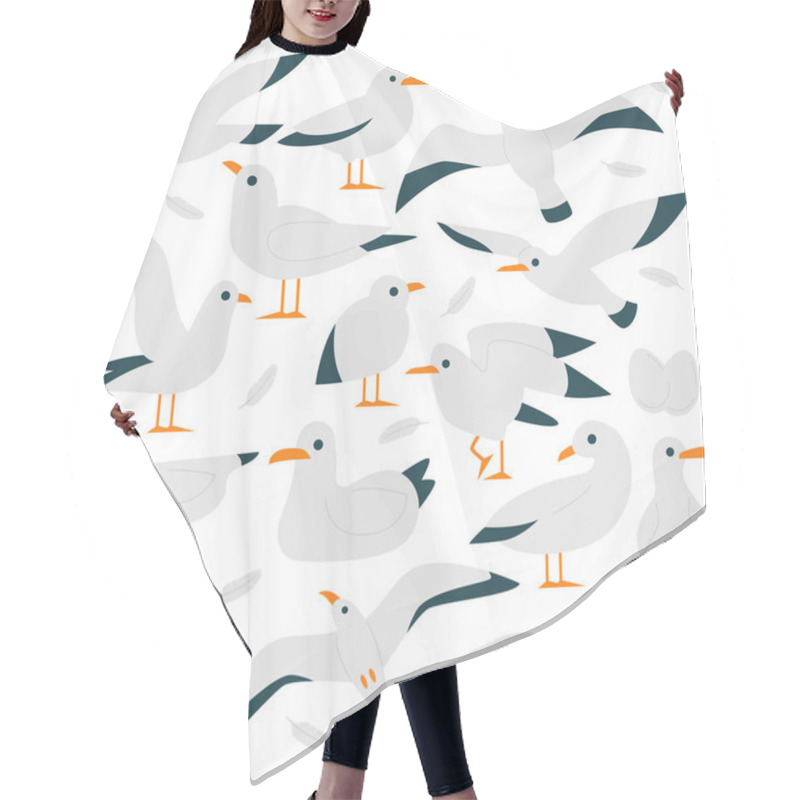 Personality  Seagull Birds Flat Icons Set. Cute Cartoon Wild Birds With Short Legs, Long Wings, And White And Grey Feathers. Leaving Near Sea. Seabirds. Color Isolated Illustrations Hair Cutting Cape