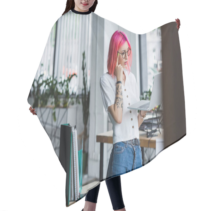 Personality  Pensive Young Businesswoman With Pink Hair Holding Laptop In Office Hair Cutting Cape