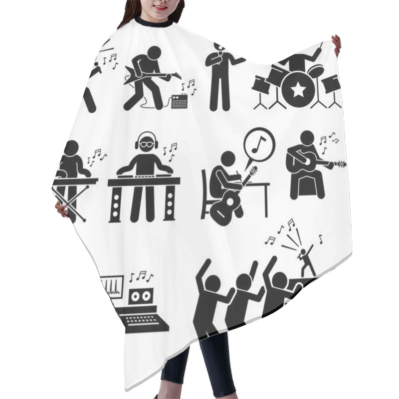 Personality  Rock Star Musician Music Artist With Musical Instruments Stick Figure Pictogram Icons Hair Cutting Cape