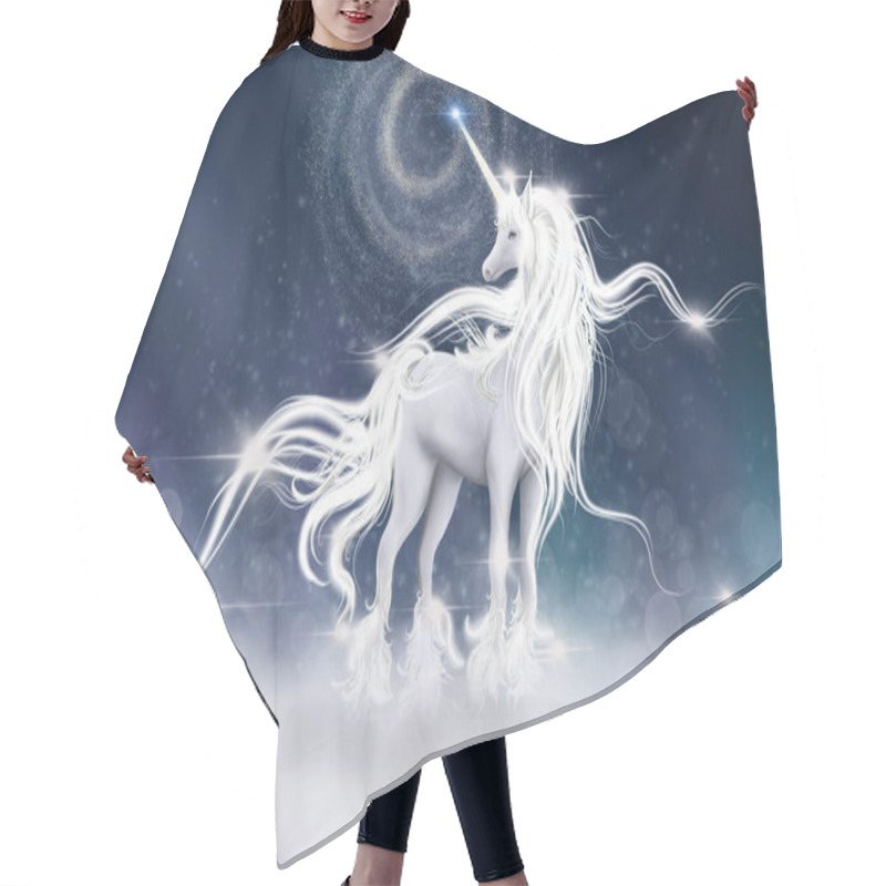 Personality   Illustration Of  Unicorn With Sky Galaxy Fantasy Background In Blue Color. Digital CG Painting Of Fantasy Horse With Lightning Strike,  Bed Time Story Fairy Tale Concept Hair Cutting Cape