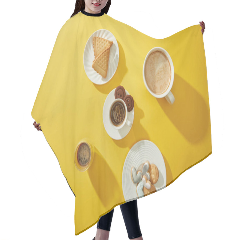 Personality  Top View Of Coffee With Delicious Cookies On Yellow Background Hair Cutting Cape