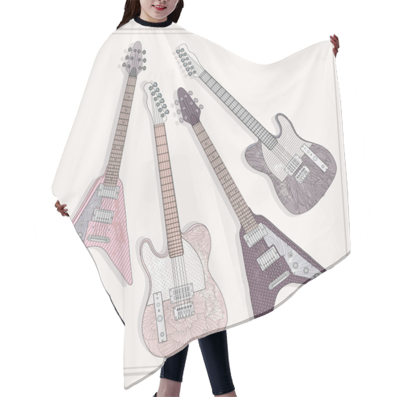 Personality  Electric And Bass Guitars Set. Cute Guitars With Floral Pattern. Hair Cutting Cape