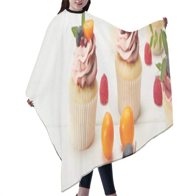 Personality  Panoramic Shot Of Cupcakes With Fruits And Berries On White Surface Hair Cutting Cape