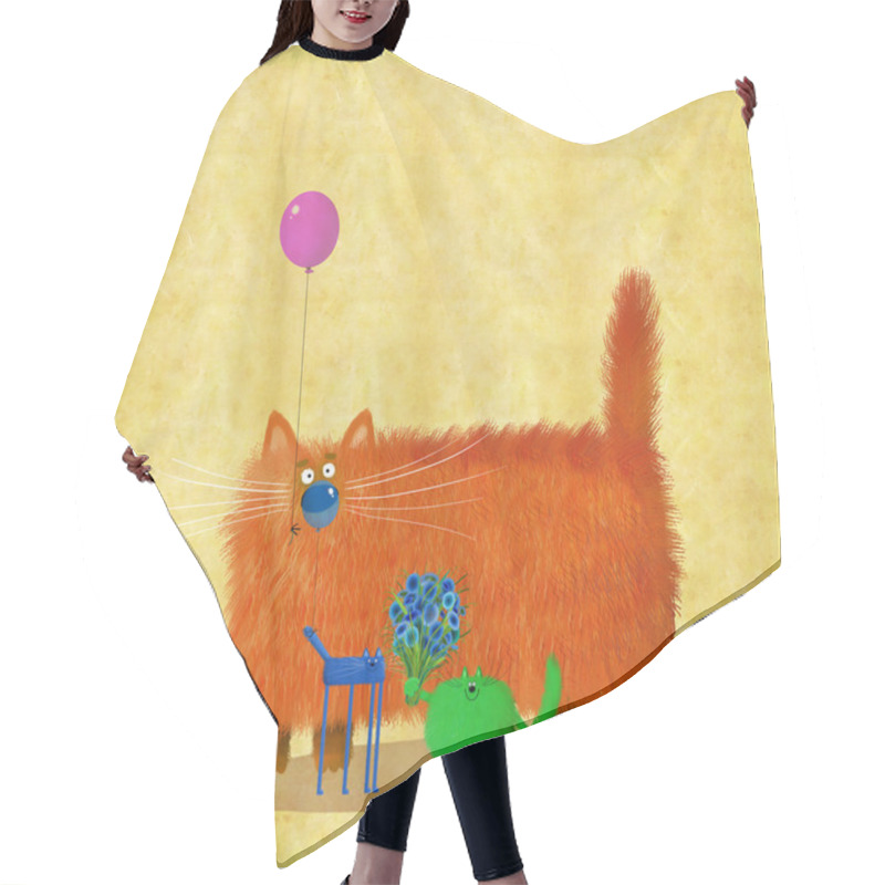 Personality  Cats Friends Holding Balloons And Flowers  Hair Cutting Cape