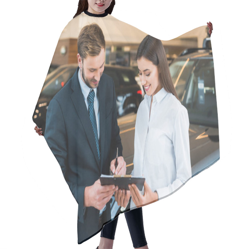 Personality  Happy Bearded Man Holding Near Near Clipboard And Woman In Car Showroom  Hair Cutting Cape