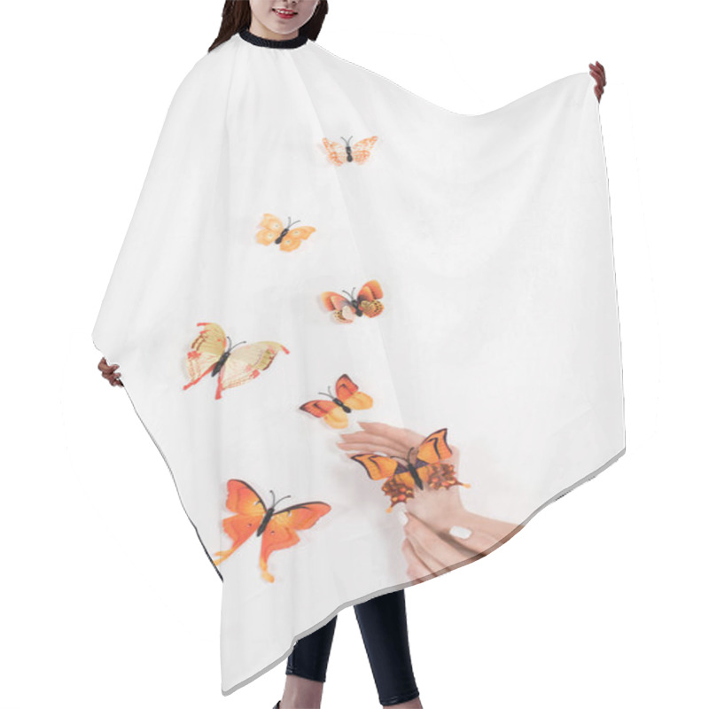 Personality  Cropped View Of Woman Near Orange Butterflies On White Background, Environmental Saving Concept  Hair Cutting Cape