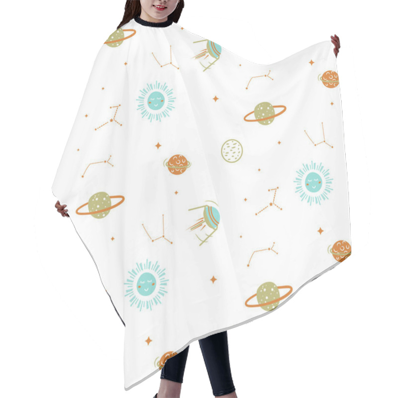 Personality  Planets In Space Seamless Vector Cute Pattern.. Hair Cutting Cape