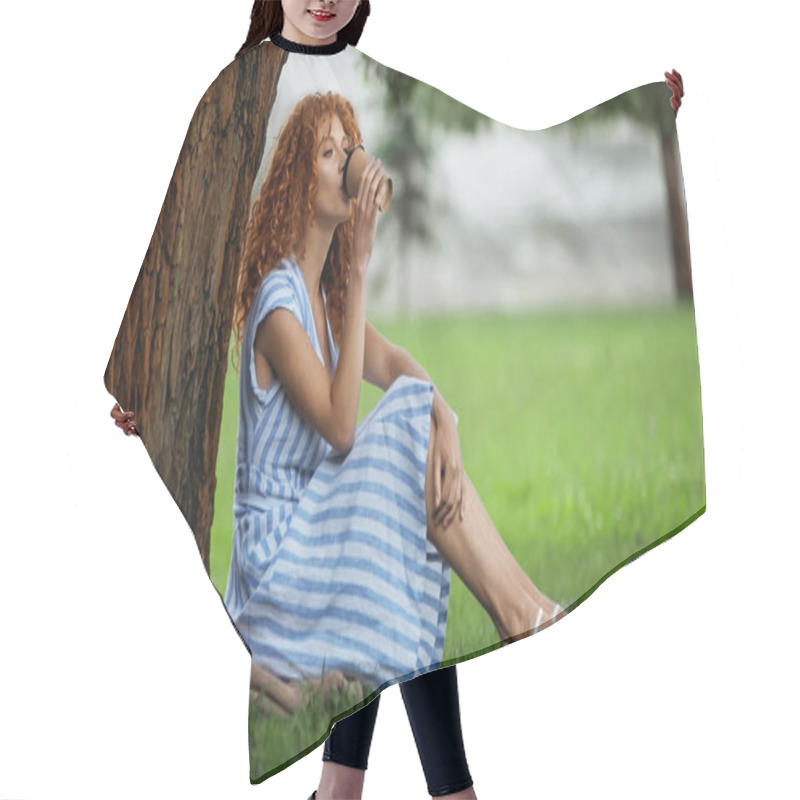 Personality  Pretty Redhead Woman In Blue Dress Sitting Under Tree Trunk And Drinking Coffee To Go  Hair Cutting Cape