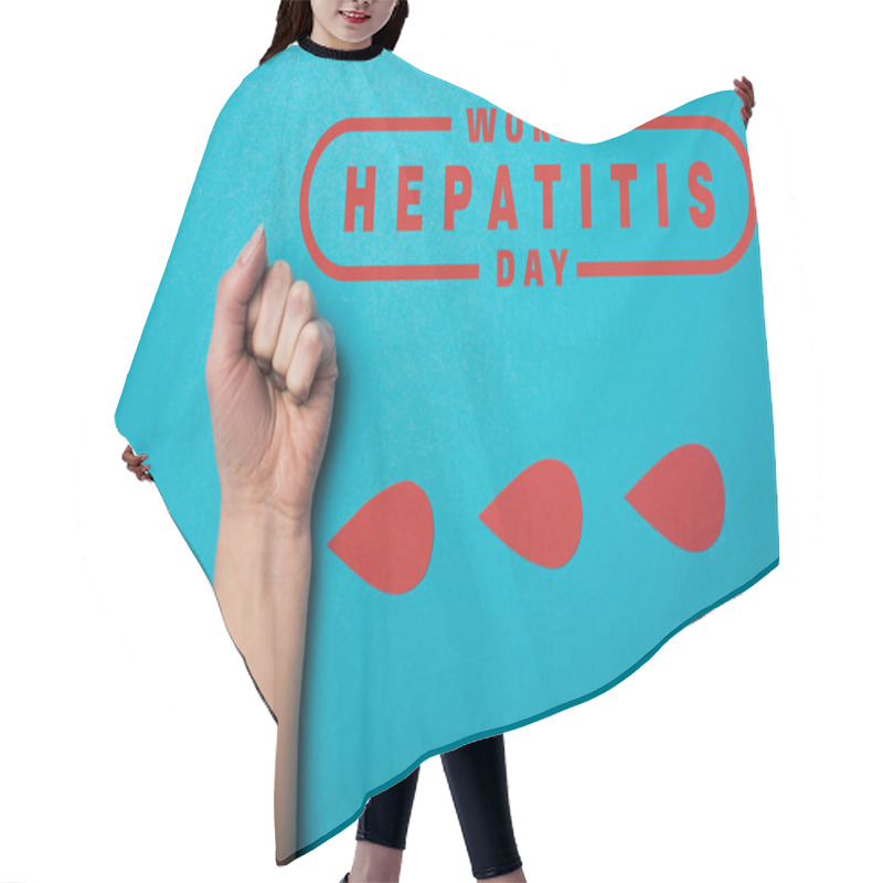 Personality  Top View Of Paper Drops Of Blood Near Female Fist On Blue Background, World Hepatitis Day Illustration Hair Cutting Cape