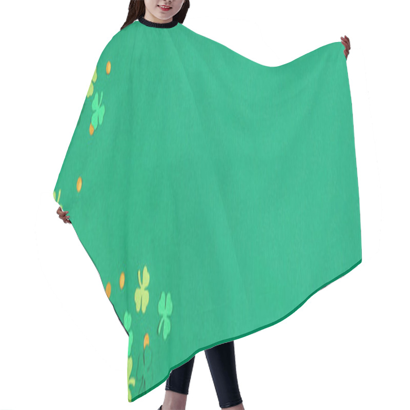 Personality  St Patricks Day Green Background With Shamrock And Gold Coin Confetti Corner Border. Overhead View Banner With Copy Space. Hair Cutting Cape