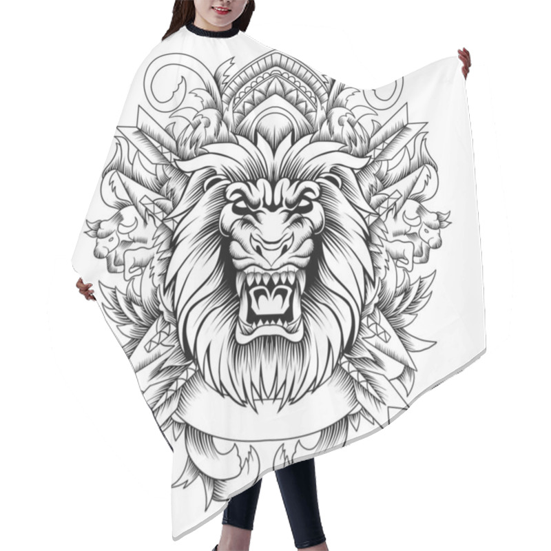 Personality  Lion Head With Ornament Vector In Black And White Hair Cutting Cape