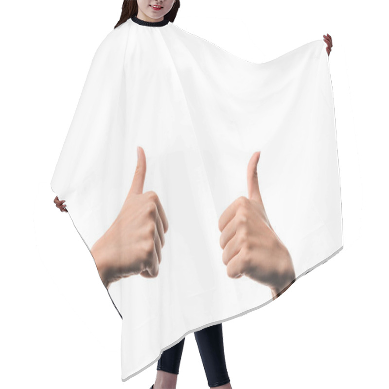 Personality  Cropped View Of Woman Showing Thumbs Up Isolated On White  Hair Cutting Cape