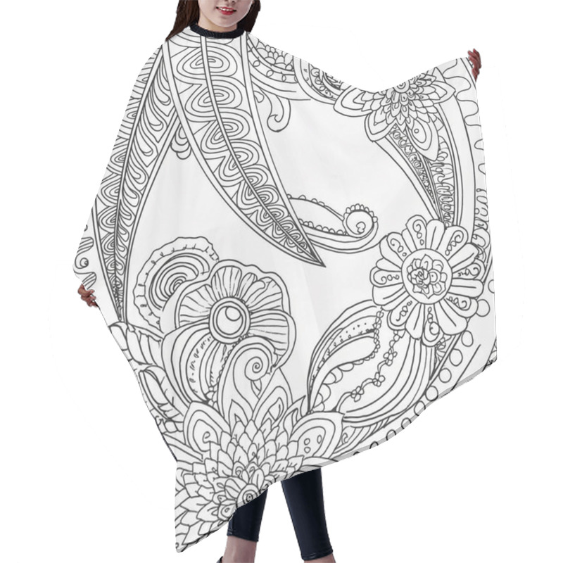 Personality  A Detailed Floral Design Showcases An Array Of Flowers And Swirling Patterns, Created Using Fine Lines. This Intricate Artwork Emphasizes Natural Forms And Shapes, Inviting Creativity. Hair Cutting Cape