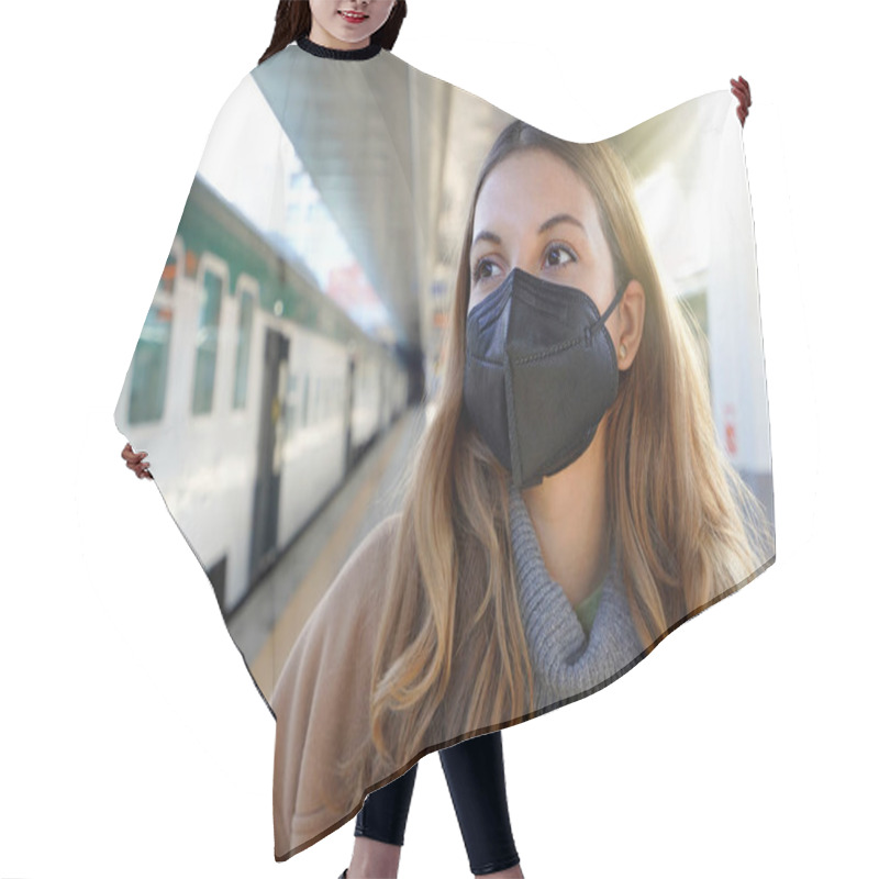 Personality  Portrait Of Young Woman Wearing A Black Protective Mask KN95 FFP2 On Train Station Hair Cutting Cape