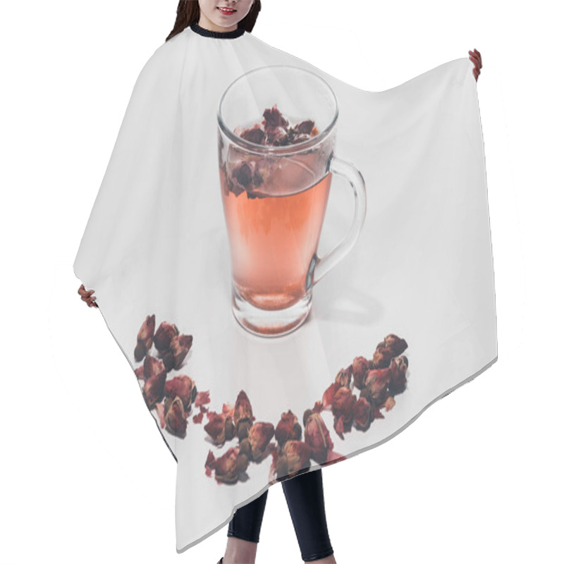 Personality  Dried Rose Buds Tea In Cup On White Tabletop Hair Cutting Cape