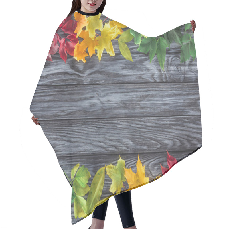 Personality  Top View Of Burgundy, Yellow And Green Autumnal Maple Leaves On Wooden Surface Hair Cutting Cape