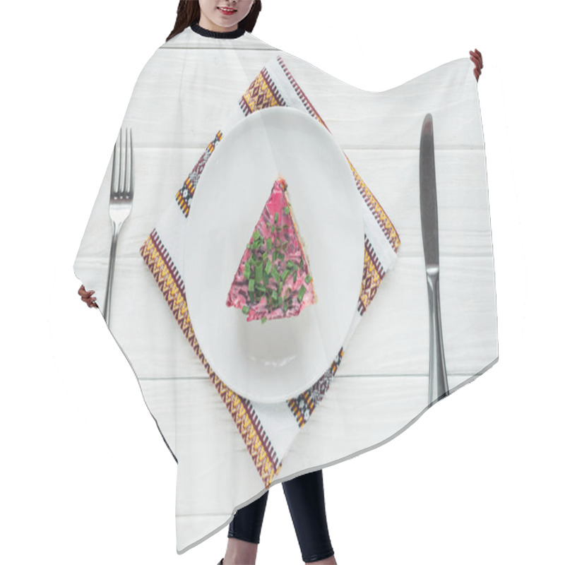 Personality  Top View Of Delicious Traditional Russian Salad On Plate With Embroidered Towel And Cutlery On White Wooden Background Hair Cutting Cape