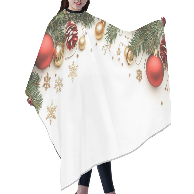 Personality  A Festive Border Of Pine Branches, Golden Ornaments, And Snowflakes On A White Background, Perfect For Framing Holiday Messages Or Seasonal Designs. Hair Cutting Cape