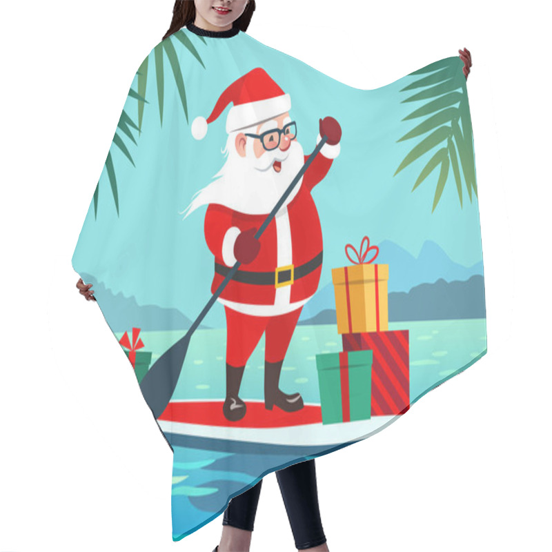 Personality  Cute Santa Claus On Paddle Board With Gifts Against Tropical Ocean Background Vector Cartoon Illustration. Christmas In July, Summer, Vacation, Resort, Warm Climate Theme For Posters, Greeting Cards.  Hair Cutting Cape