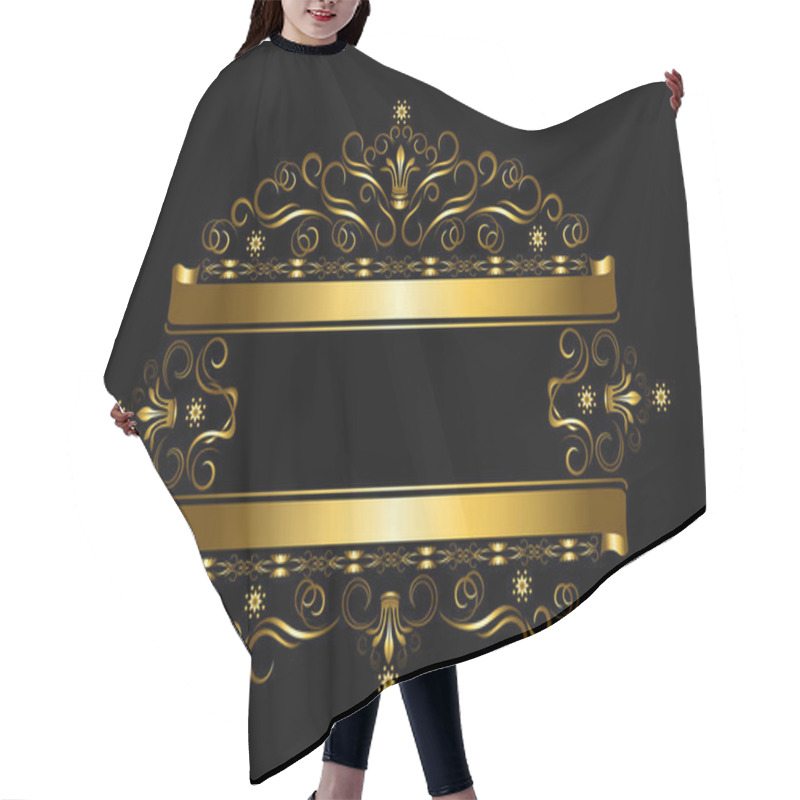 Personality  Vintage Gold Frame With Crowns And Of Calligraphic Details With Double Ribbon On Black Backgroun Hair Cutting Cape