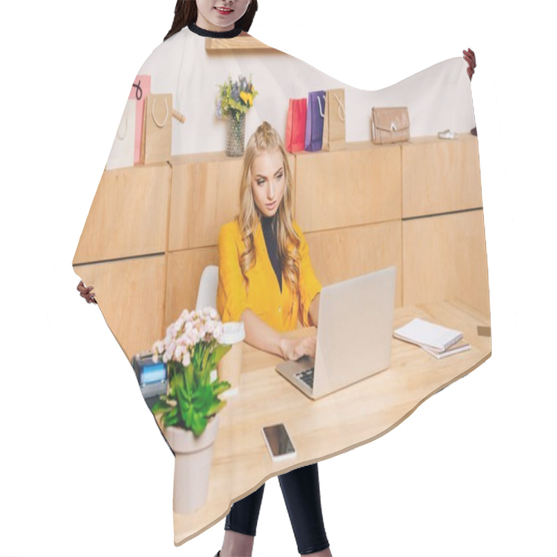 Personality  Clothing Store Manager Using Laptop At Workplace Hair Cutting Cape