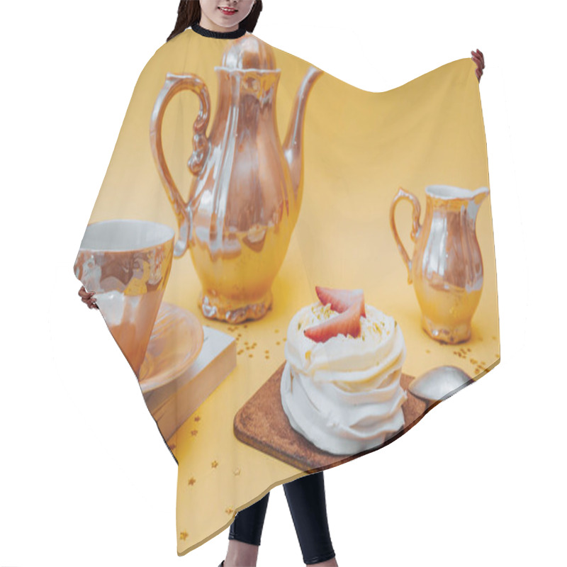 Personality  Bright And Beautiful Snack. White Cake Made Of Meringue, Cream And Fresh Strawberries And Golden Tea Utensils: A Mug, A Teapot And A Container For Cream On A Bright Yellow Background With Gold Stars Hair Cutting Cape