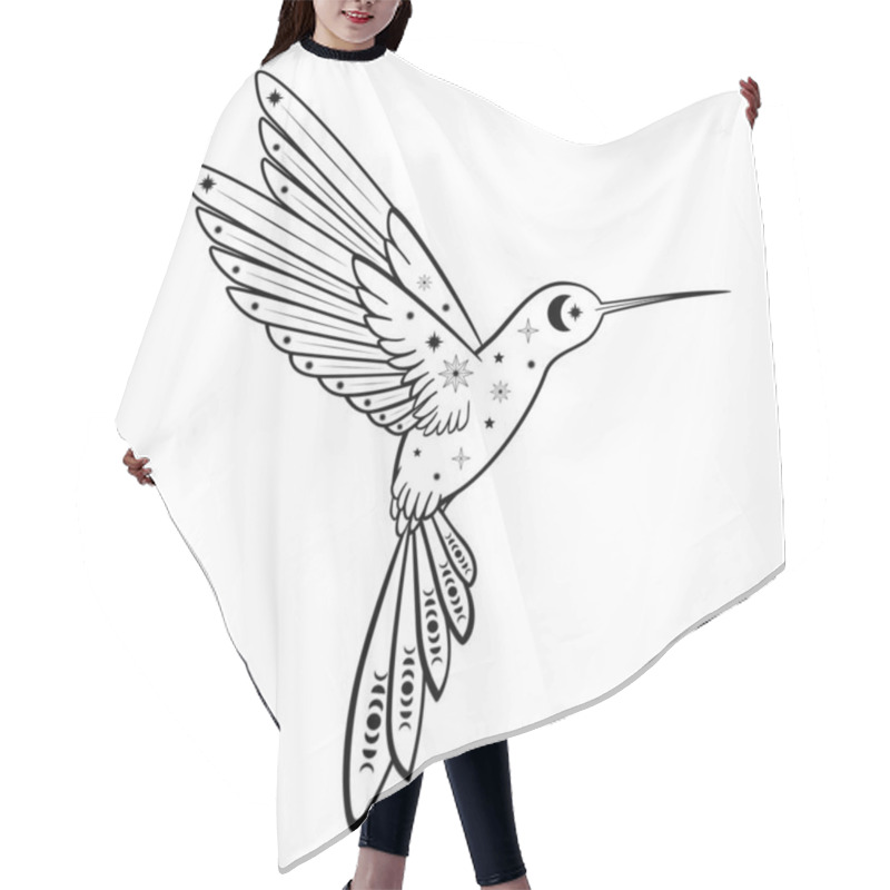 Personality  Hand Drawn Mystical Flying Hummingbird With Moon And Star In Line Art. Magic Collection, Symbol, Talisman, Antique Style, Boho. Vector Sketch Illustration Isolated On White Background Hair Cutting Cape