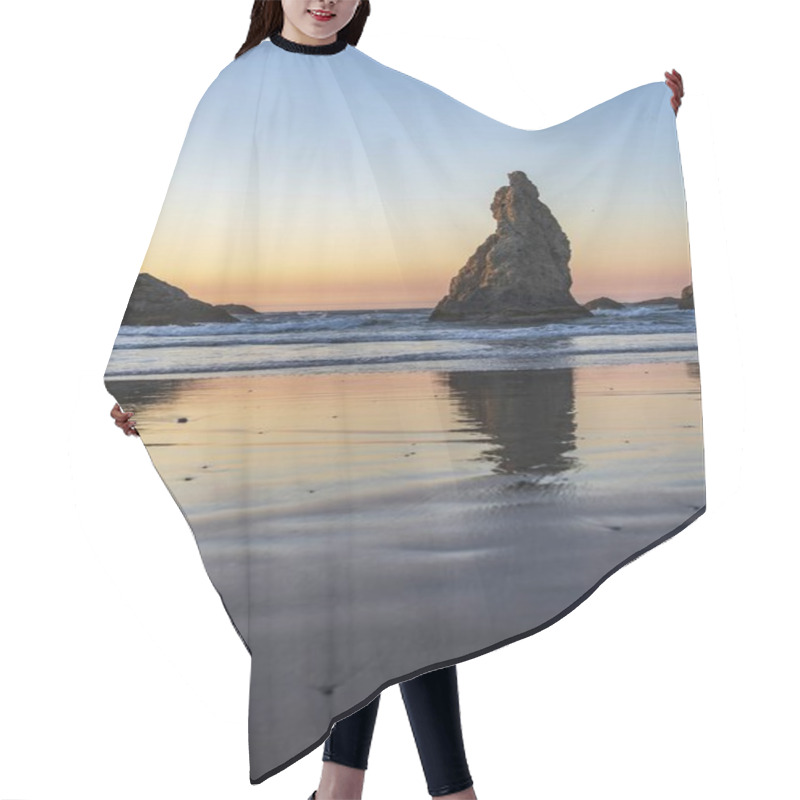 Personality  Tranquil Beach Sunset Reflecting On The Water With Rocky Formations In The Background. Hair Cutting Cape