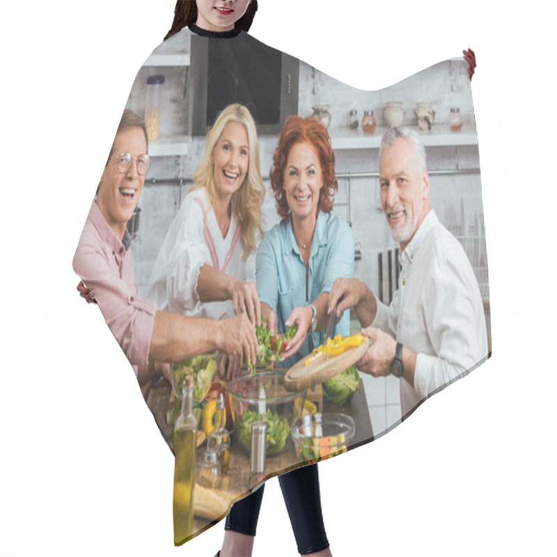 Personality  Happy Old Friends Preparing Salad For Dinner Together At Home Hair Cutting Cape