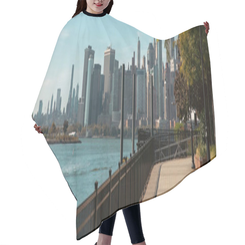 Personality  Cityscape With Manhattan Skyscrapers And Embankment With Walkway Near Hudson River In New York City, Banner Hair Cutting Cape