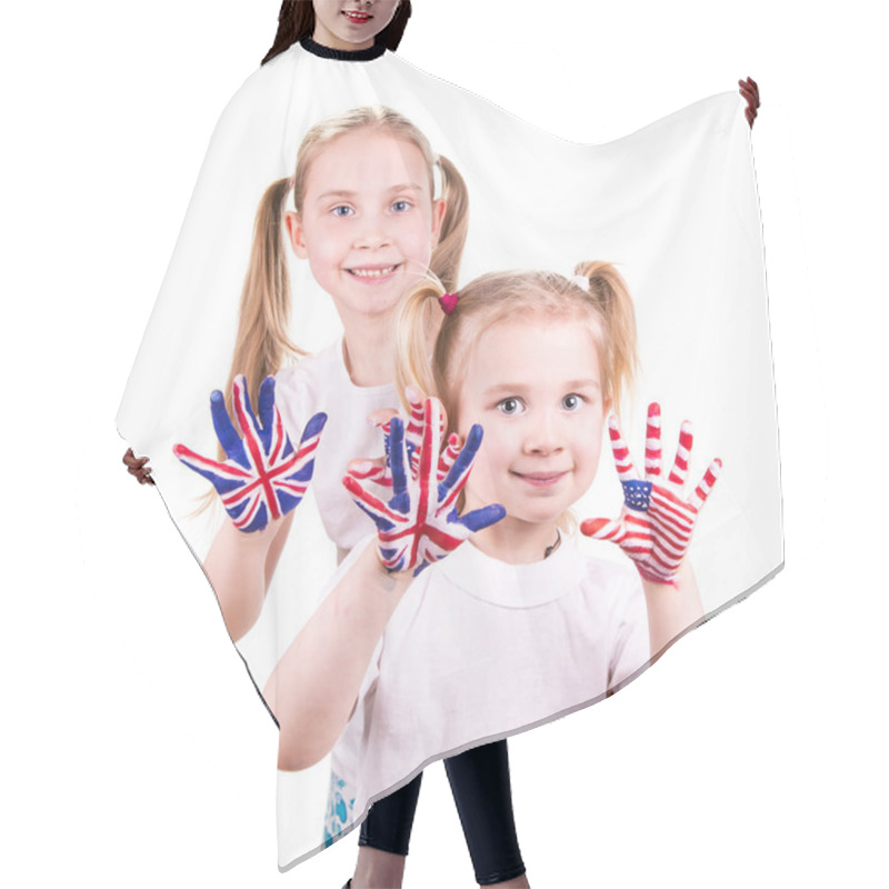 Personality  American And English Flags On Child's Hands. Hair Cutting Cape