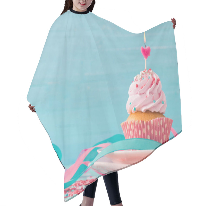 Personality  Pink Cupcake On Blue Wooden Background Hair Cutting Cape