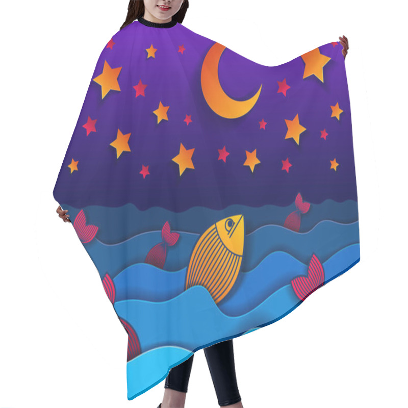 Personality  Beautiful Night Seascape With Funny Cartoon Fishes In Paper Cut Style, Curvy Lines Of Waves And Moon And Stars In The Sky, Perfect Modern Vector Illustration. Hair Cutting Cape