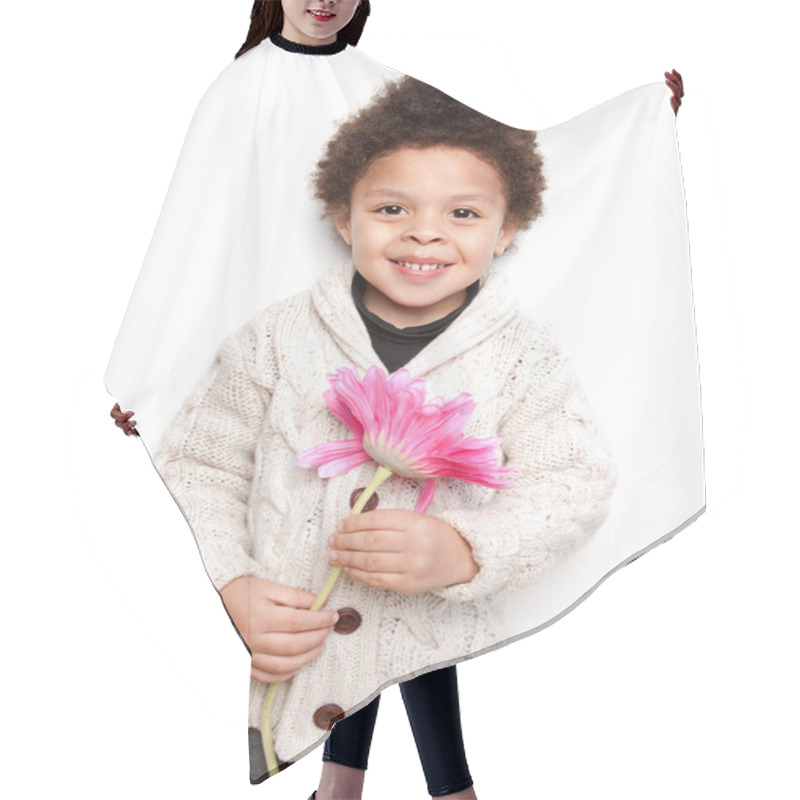 Personality  Cute Child Smiling With Big Pink Flower Hair Cutting Cape