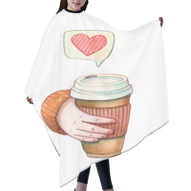 Personality  Illustration Of Hand Holding Takeaway Coffee Cup With Heart Doodle Isolated On White. Hot Drinks, Valentines Day And Love Hair Cutting Cape