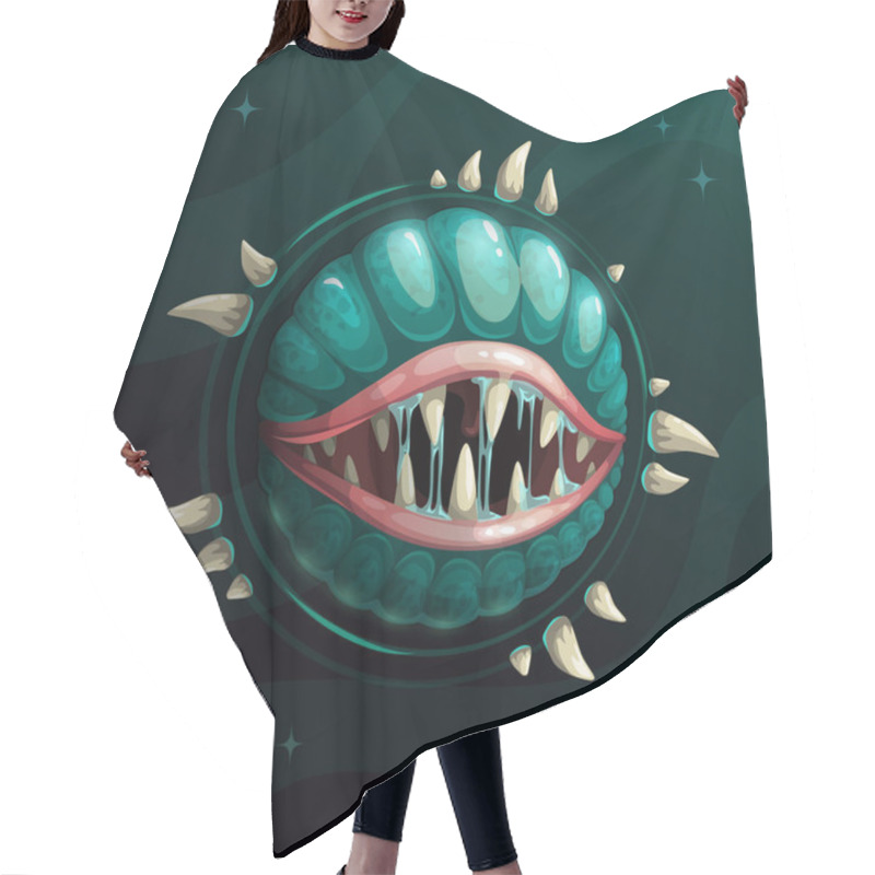 Personality  Cartoon Creepy Monster Planet With Spittle Mouth And Jaws On The Dark Space Background. Hair Cutting Cape