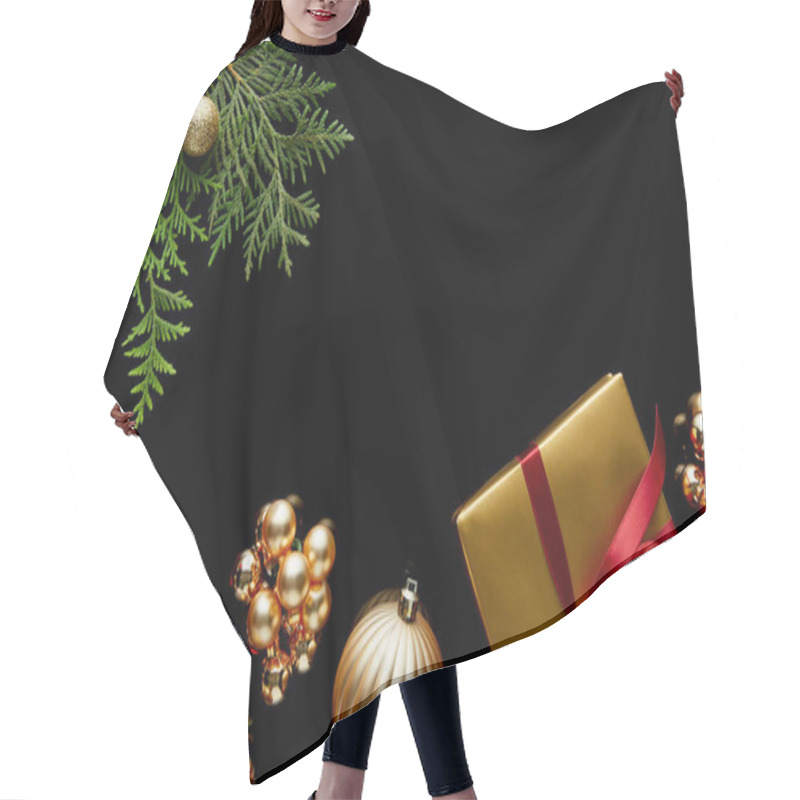 Personality  Top View Of Shiny Golden Christmas Decoration, Green Thuja Branches And Gift Box Isolated On Black Hair Cutting Cape