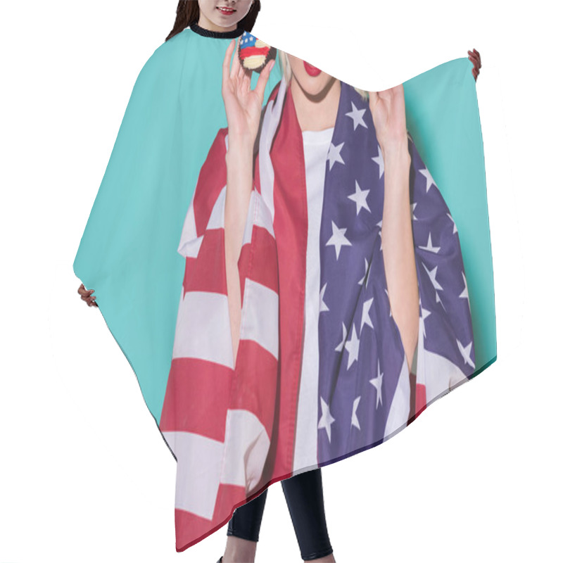 Personality  Partial View Of Woman With American Flag And Cupcakes On Blue Backdrop, Celebrating 4th July Concept Hair Cutting Cape