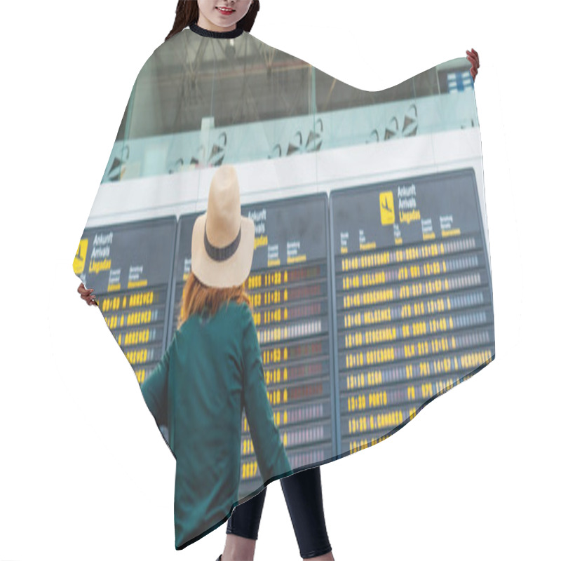 Personality  Unrecognizable Tourist Woman At The Airport Looking At Information On Screens In The Connection Terminal Hair Cutting Cape